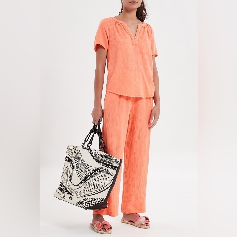 Bobi Revolve Paper Bag Waist Wide Leg Cotton Pant in Hot Coral Size XS NWT!